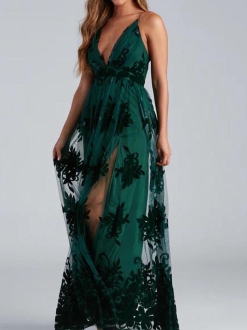 Emerald Green Formal Flocked Velvet Dress